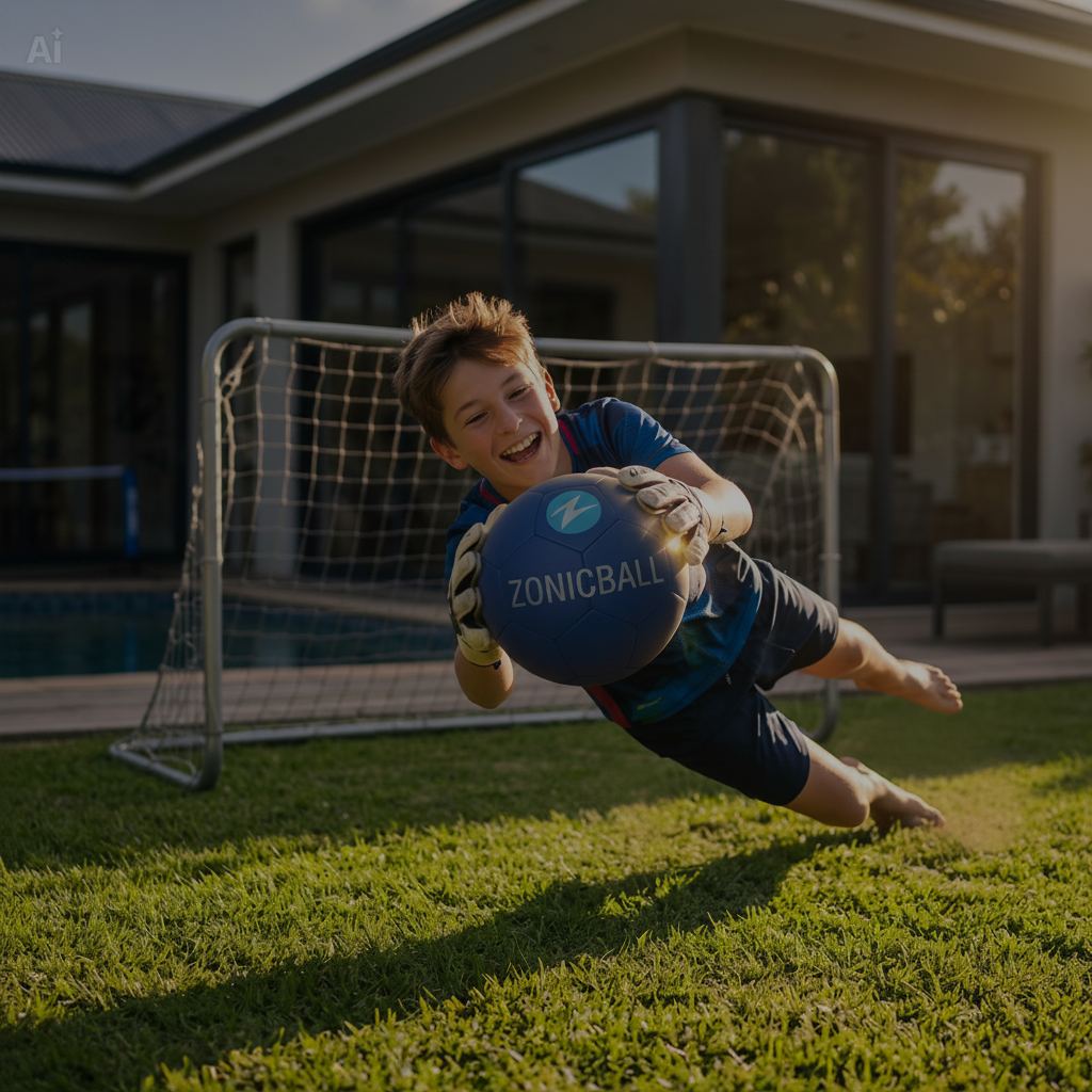 A boy in a soccer jersey dives on a green lawn in front of a soccer goal, holding a blue ZONICBALL.
