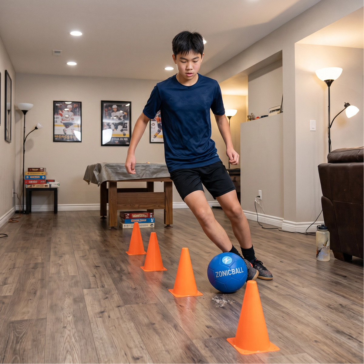 Boy dribbling a blue ZonicBall around cones in an indoor room