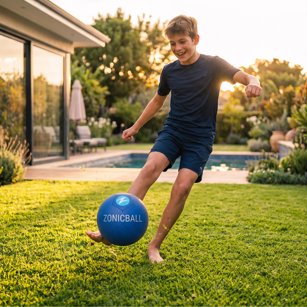 A boy kicks a blue ZONICBALL soccer ball on a green lawn in a backyard setting with a pool and house in the background.